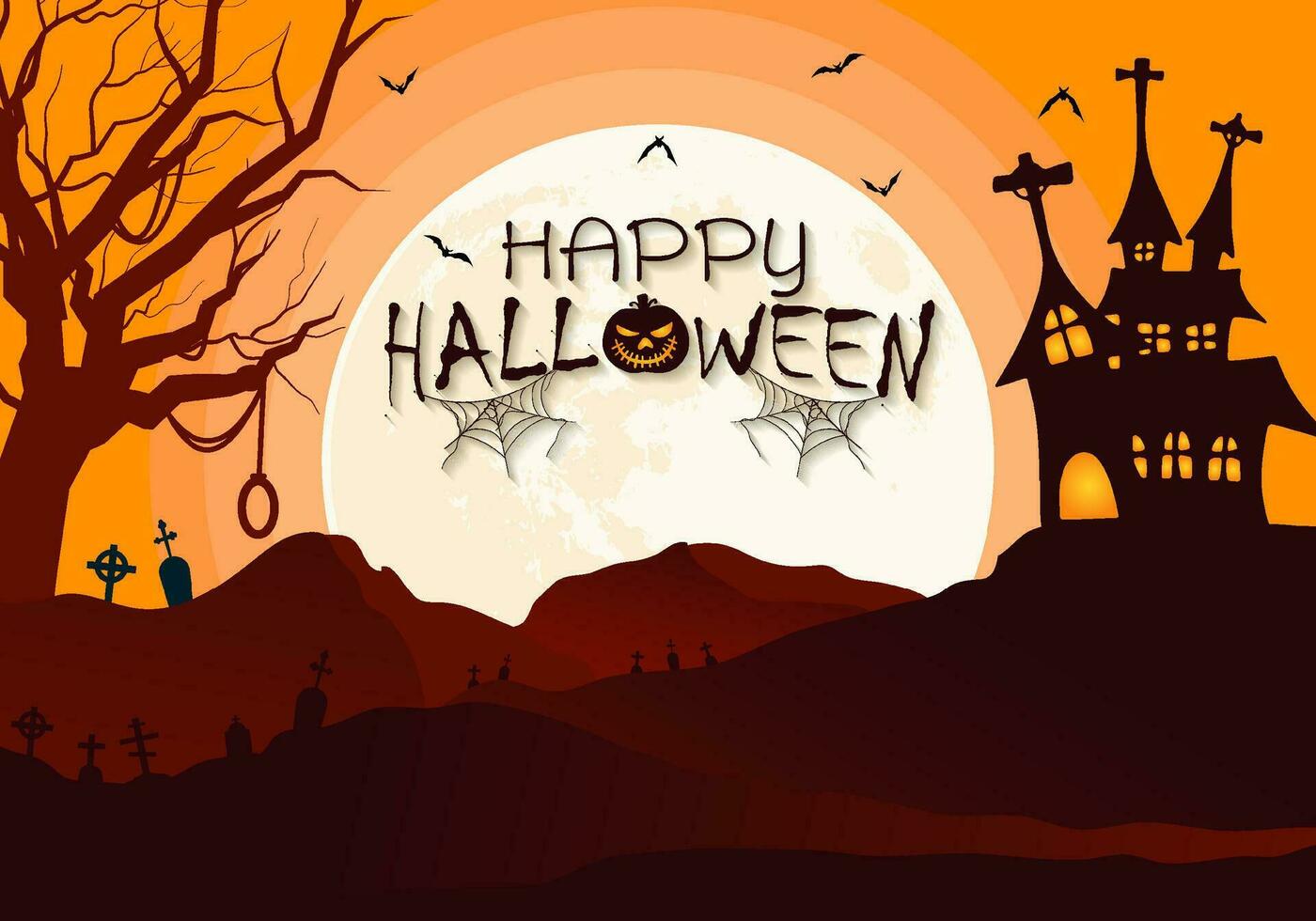 contento Halloween sfondo illustrazione con grande pieno Luna e collina paesaggio con spaventoso stregato Casa vettore