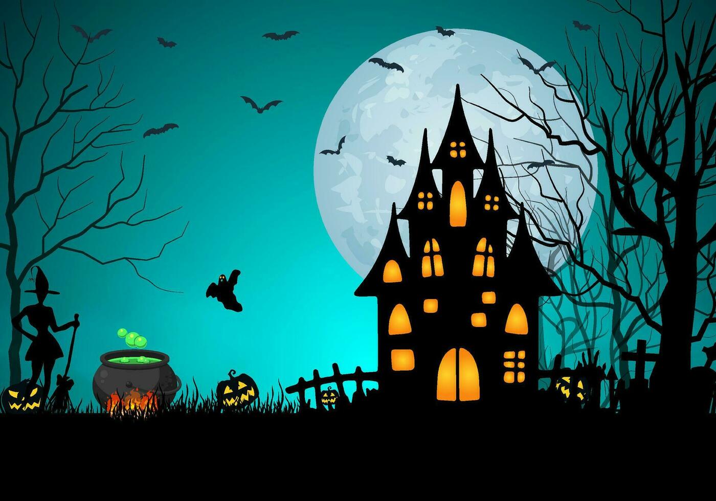 Halloween sfondo piatto illustrazione con silhouette di castello a raggiante Luna e morto alberi vettore