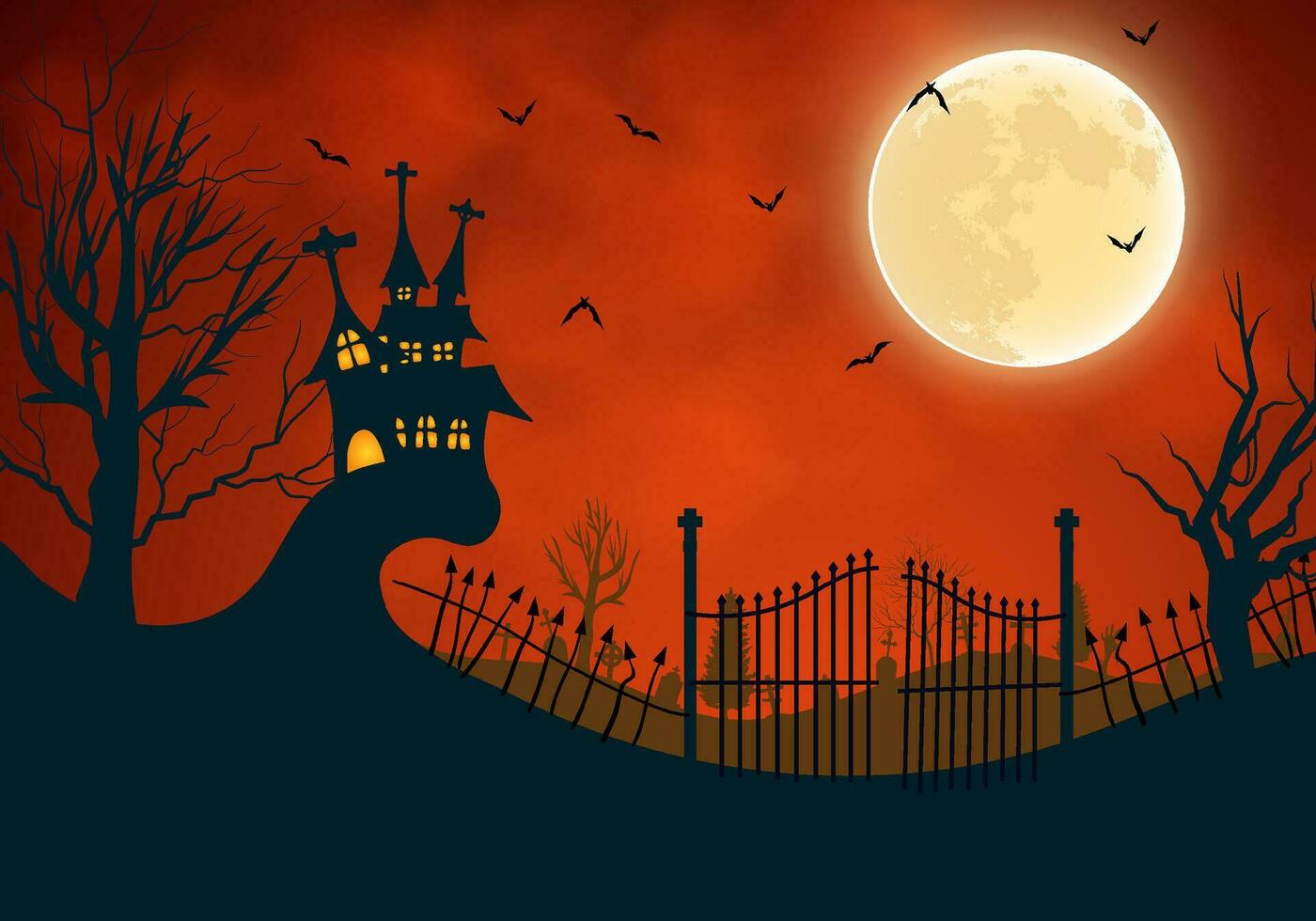 Halloween sfondo illustrazione con vecchio cimitero con spaventoso rosso nebbioso cielo e frequentato Casa vettore