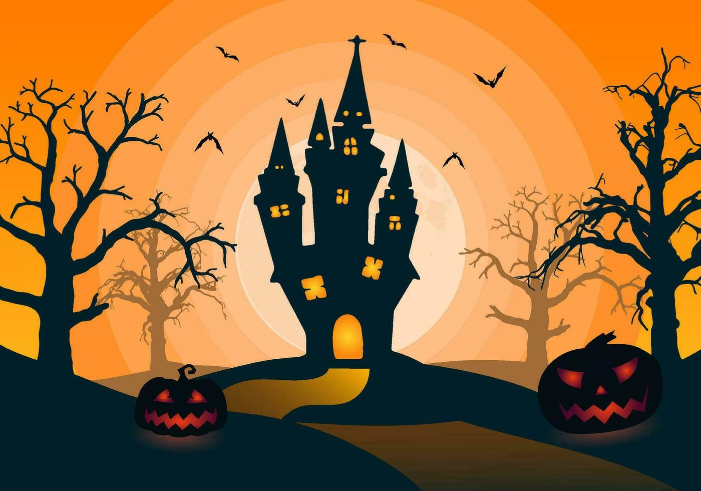 contento Halloween sfondo illustrazione con raccapricciante notte paesaggio di morto alberi con grande Luna e pauroso frequentato Casa vettore