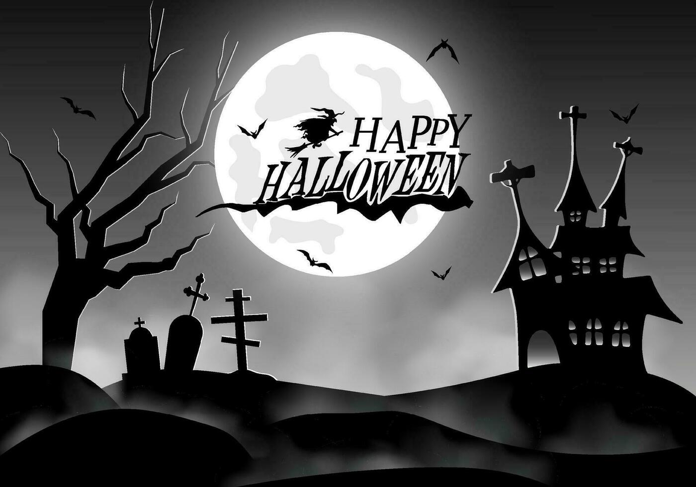 Halloween nero e bianca sfondo con raggiante nebbia su paesaggio e Halloween frequentato castello con pieno Luna vettore
