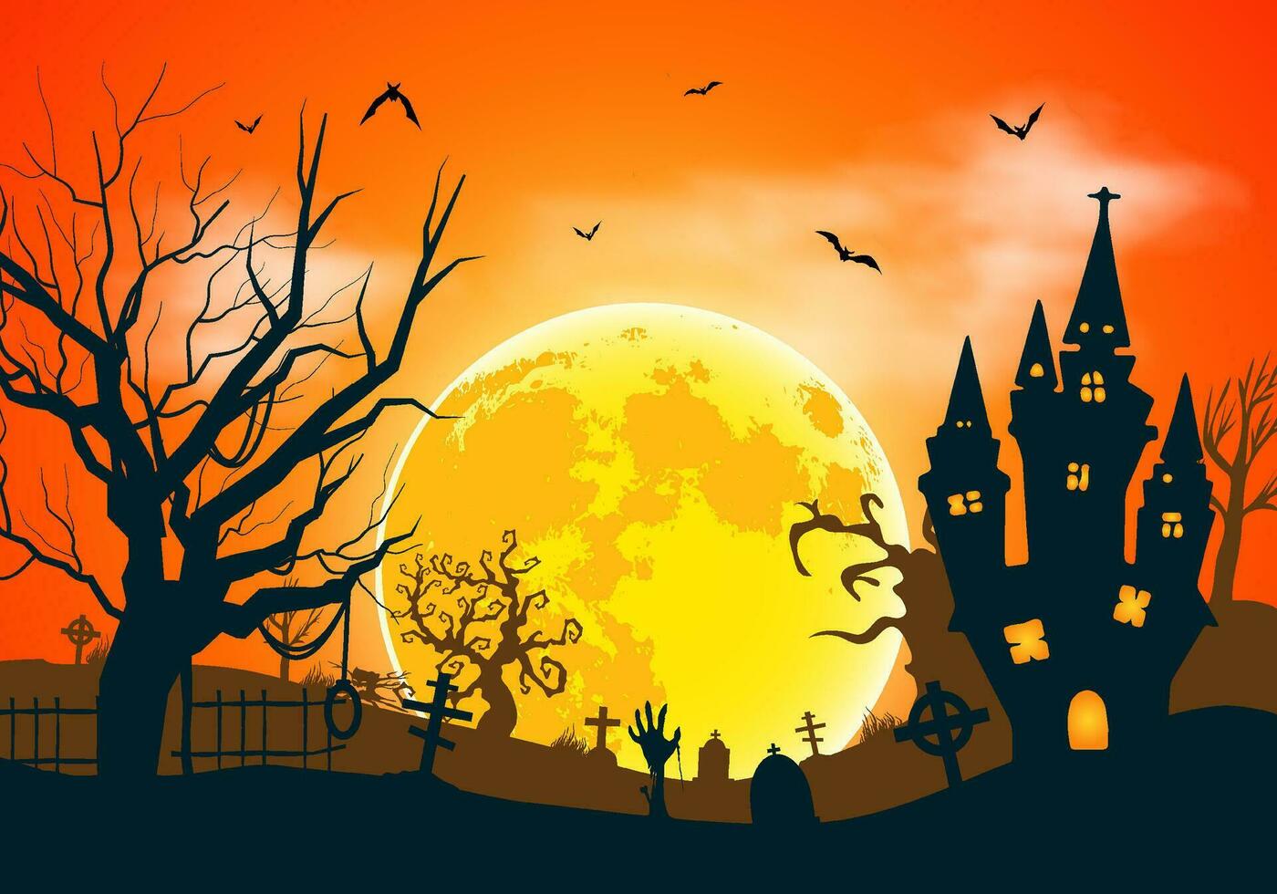 Halloween sfondo di raccapricciante notte paesaggio con morto albero e pieno Luna su rosso cielo vettore