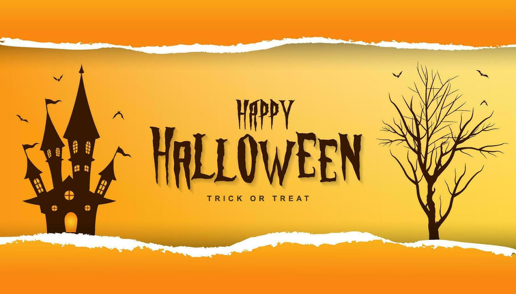 contento Halloween bandiera strappato carta effetto sfondo illustrazione con Halloween testo e frequentato Casa per Halloween celebrazione vettore