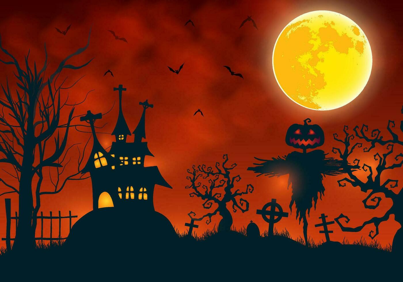 sfondo illustrazione di Halloween con raccapricciante spaventapasseri e pauroso frequentato Casa contro un' pieno Luna con rosso spaventoso nube vettore