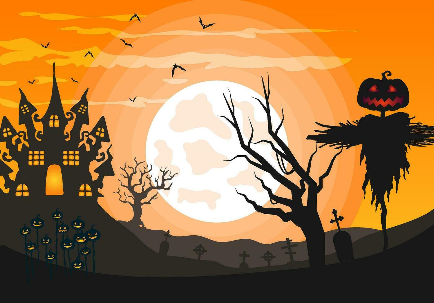 arancia sfondo illustrazione di Halloween con raccapricciante spaventapasseri e pauroso frequentato Casa contro un' pieno Luna vettore