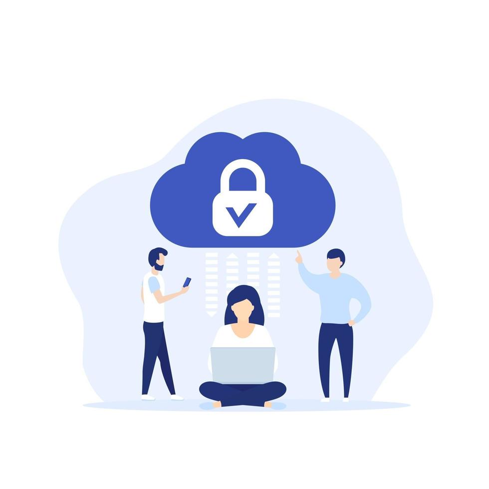 accesso sicuro al cloud, illustrazione vettoriale di hosting protetto con persone