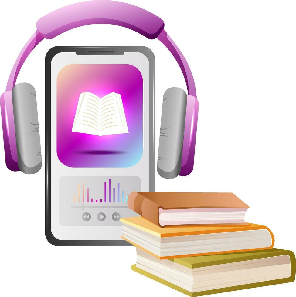 smartphone applicazione per ascoltando Audio libri, cuffia, Telefono e pila di libri isolato su bianca sfondo. in linea biblioteca, App per studiando, audiolibro o podcast. vettore illustrazione
