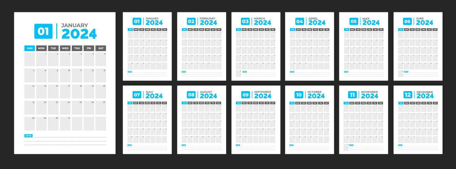 2024 calendario del desktop progettista modello. aziendale attività commerciale parete o scrivania semplice progettista calendario con settimana inizio domenica. impostato di 2024 calendario progettista modello con posto per foto e azienda logo. vettore