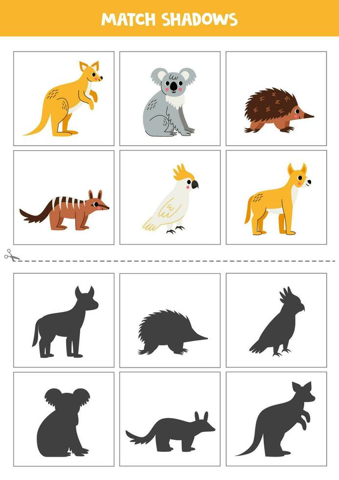 trova ombre di carino australiano animali. carte per bambini. vettore