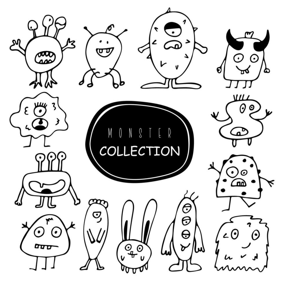 collezione di cartone animato divertente mostro sagome. nel scarabocchio stile vettore