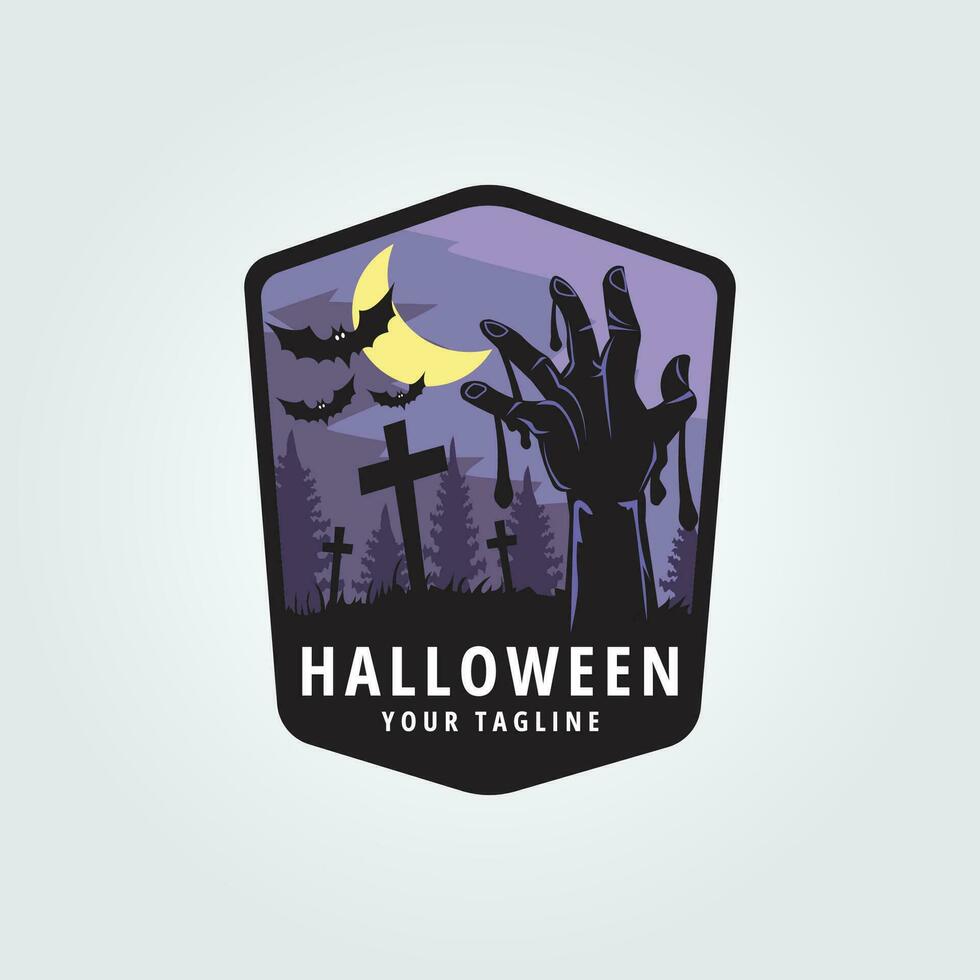 Halloween logo icona design ispirazione con mano, Luna e pipistrello vettore illustrazione