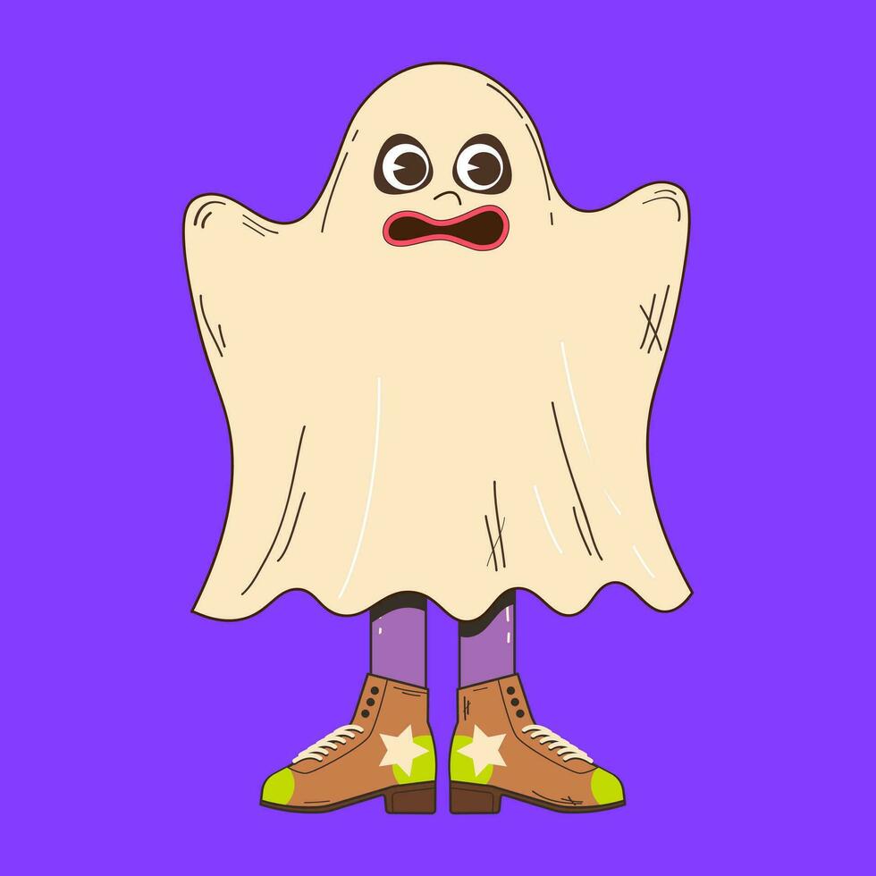 carino fantasma personaggio per Halloween nel retrò cartone animato stile. vettore illustrazione di un' fantasma portafortuna nel groovvy stile.