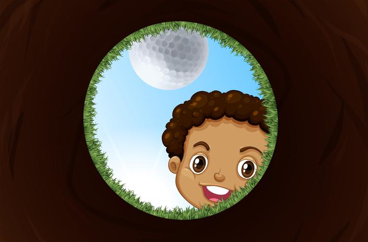 Un ragazzo che guarda nella buca da golf vettore