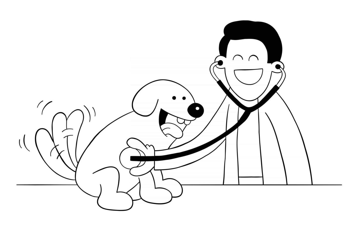 veterinario dei cartoni animati che esamina cane con stetoscopio vettore