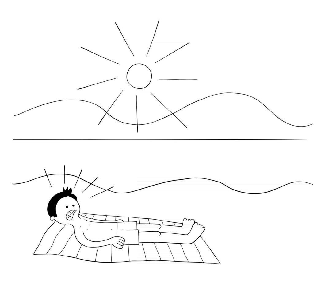 cartone animato che prende il sole sulla spiaggia per ore e tutto il suo corpo è bruciato vettore