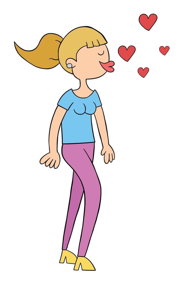donna cartone animato che lancia un bacio, illustrazione vettoriale