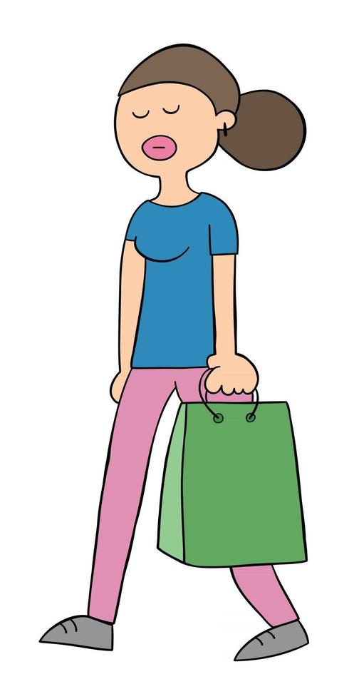cartone animato donna che cammina con la borsa della spesa, illustrazione vettoriale