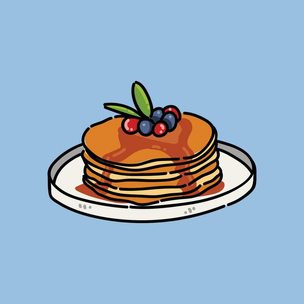 vettore Pancakes illustrazione. cottura al forno con sciroppo e mirtilli e lamponi. prima colazione concetto.