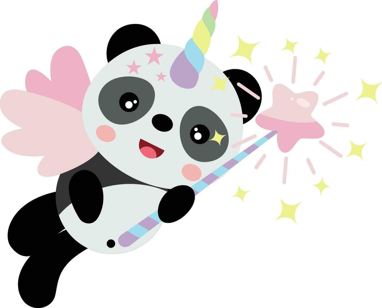 unicorno panda con Ali Tenere un' stella Magia bacchetta magica vettore