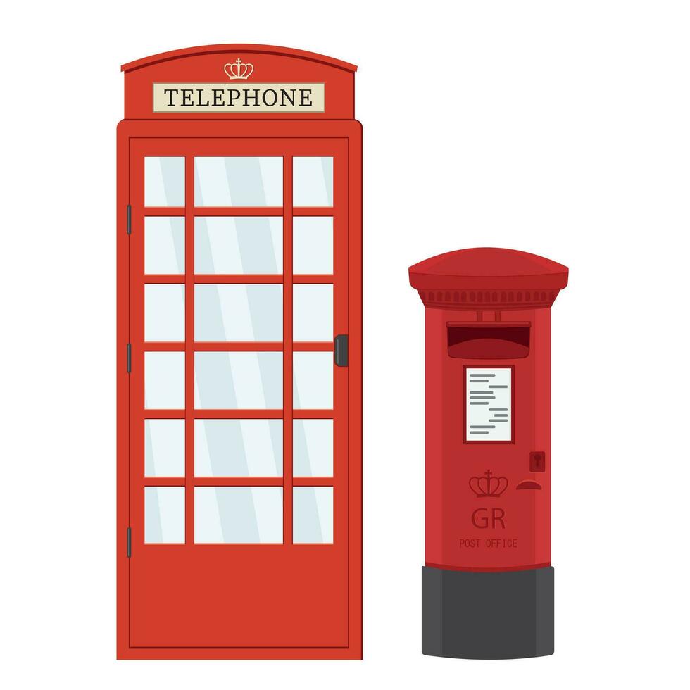 Londra postale rosso strada cassetta postale e telefono cabina, cartone animato stile, isolato vettore illustrazione