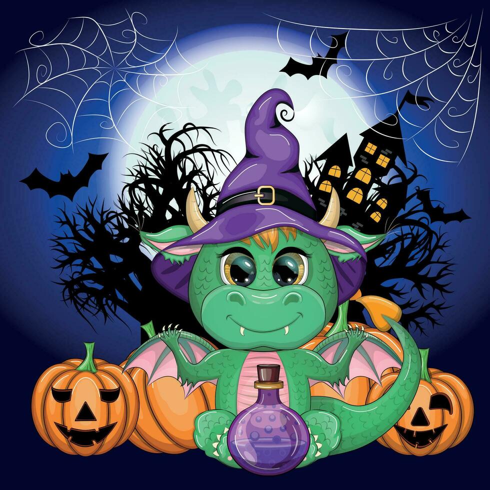 carino cartone animato verde Drago nel un' viola Magia cappello, Halloween. zucca, pozione, scopa. simbolo di 2024 secondo per il Cinese calendario vettore