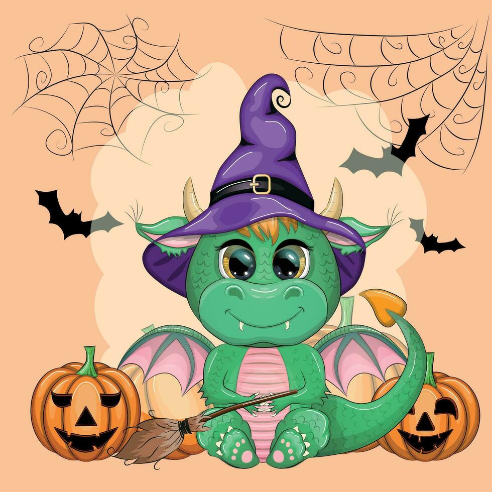 carino cartone animato verde Drago nel un' viola Magia cappello, Halloween. zucca, pozione, scopa. simbolo di 2024 secondo per il Cinese calendario vettore