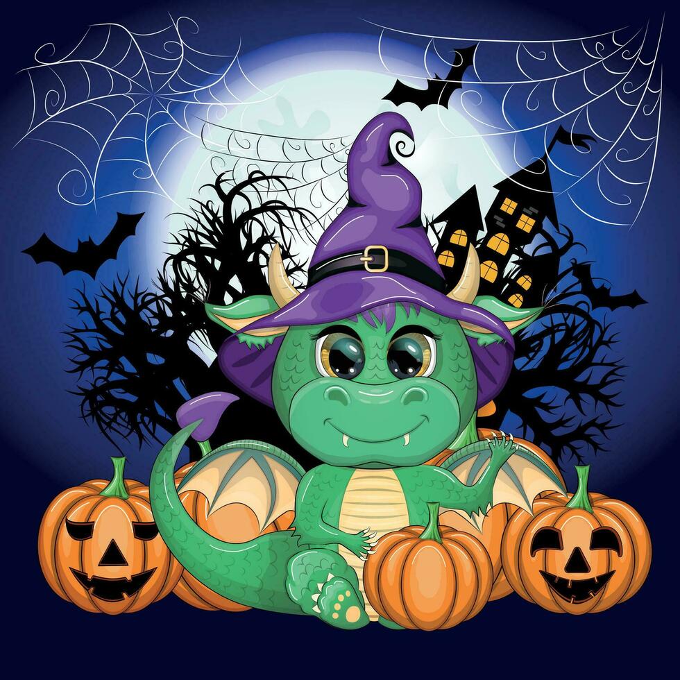 carino cartone animato verde Drago nel un' viola Magia cappello, Halloween. zucca, pozione, scopa. simbolo di 2024 secondo per il Cinese calendario vettore