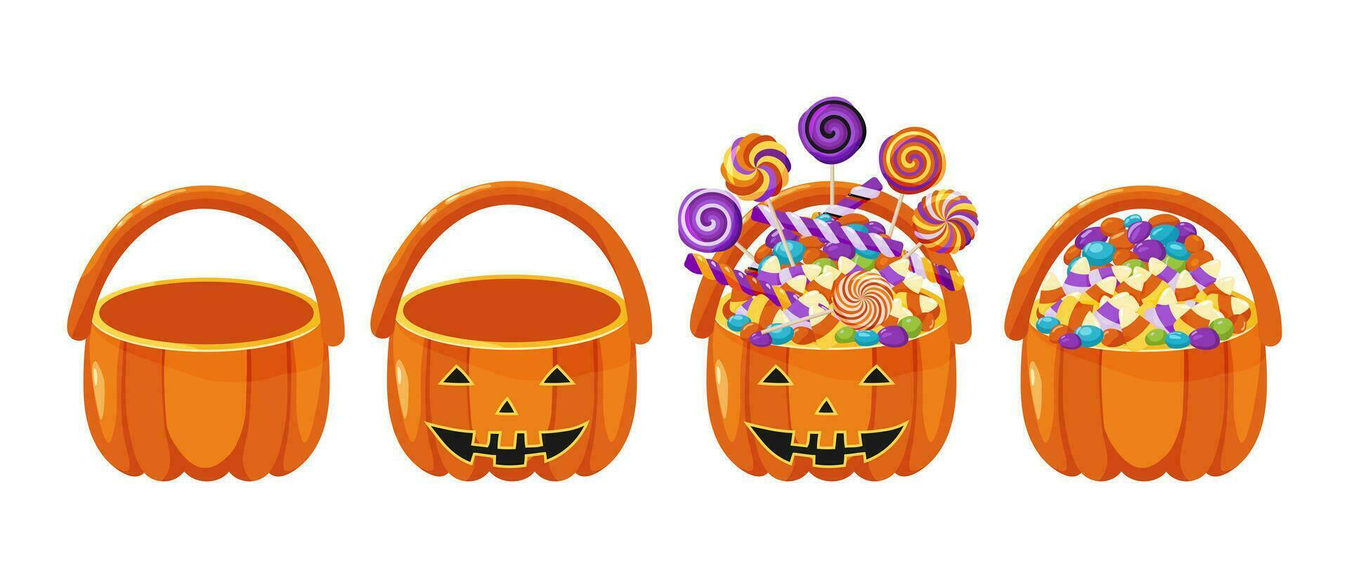 impostato di Halloween cesti, pieno di caramella e vuoto. Borsa nel il forma di un' zucca per bambini. Halloween dolci e ossequi cestino. cartone animato vettore illustrazione.