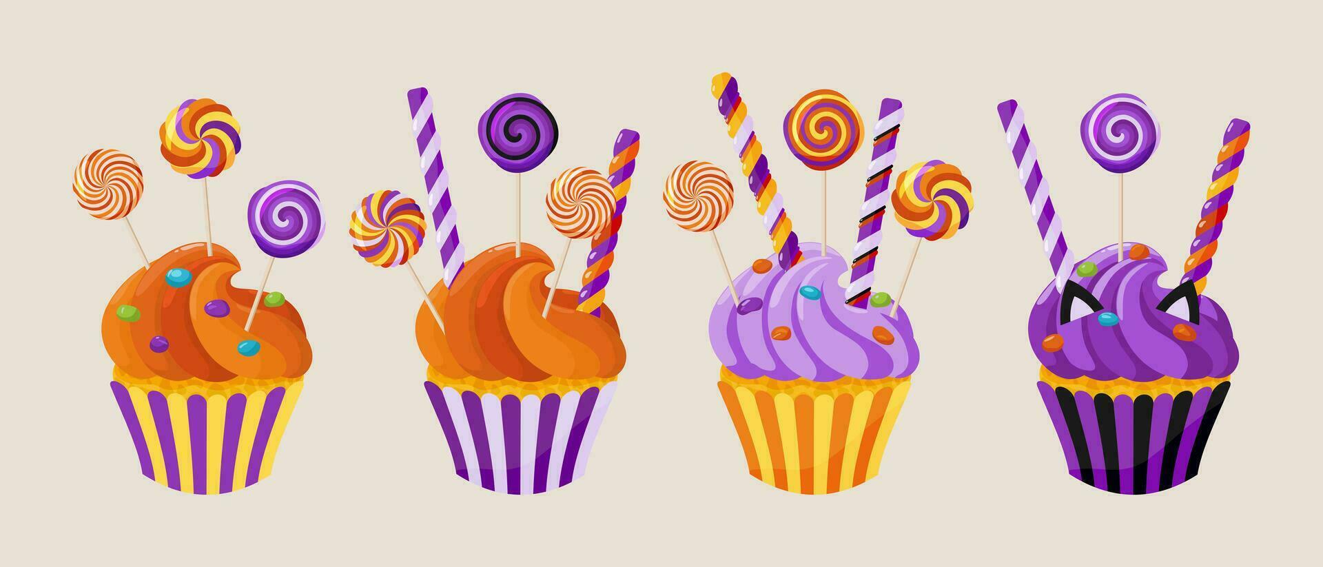 un' impostato di cupcakes con caramella e Lecca-lecca. un' collezione di carino Halloween dolci. cartone animato dolci clipart per menù, saluto carta, festa invito. vettore illustrazione.