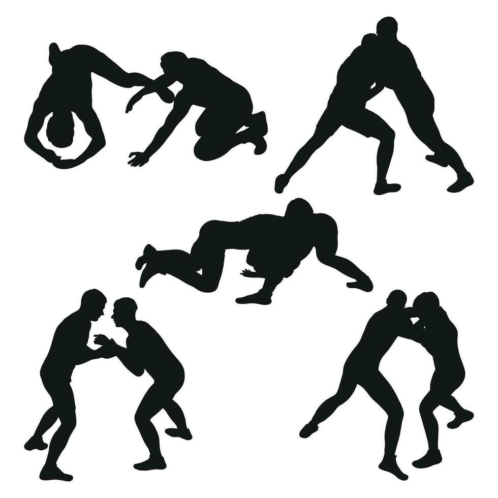 impostato di sagome persone battagliero, mma combattenti. Greco romano lotta, combattere, combattere, lotta, alle prese, duello, misto marziale arte, sportività vettore