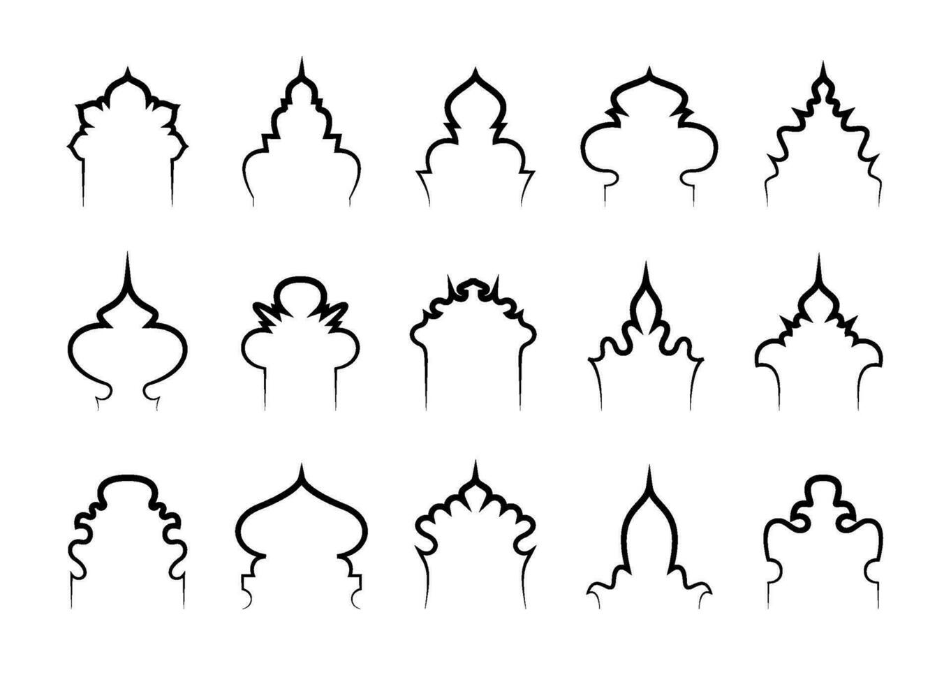 impostato di islamico moschea finestre o archi. silhouette linea icona. orientale stile porta, telaio, cancello. Ramadan kareem e eid mubarak vacanza. tradizionale Arabo, musulmano cultura design per etichetta, etichetta vettore