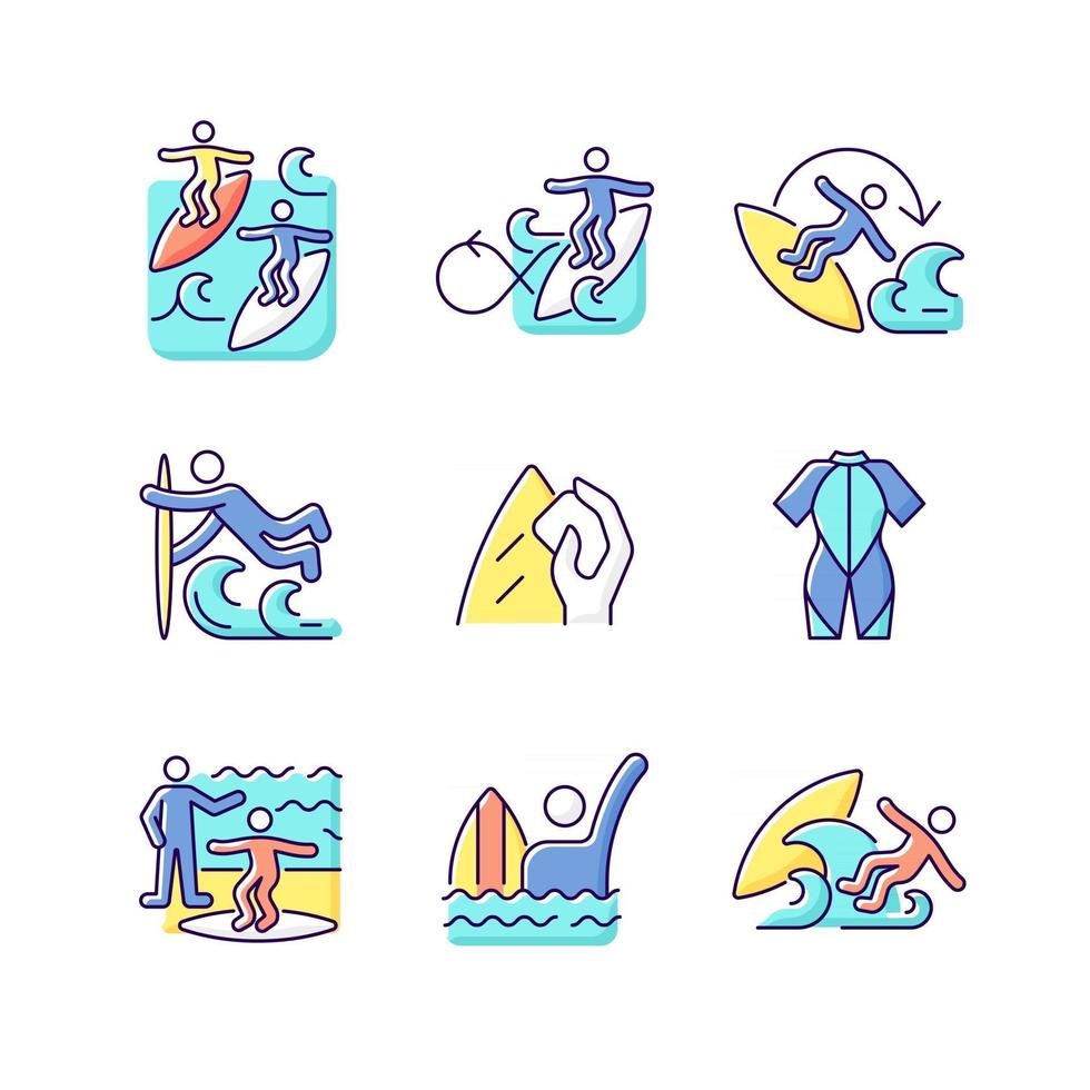 set di icone di colore rgb per sport acquatici di superficie vettore