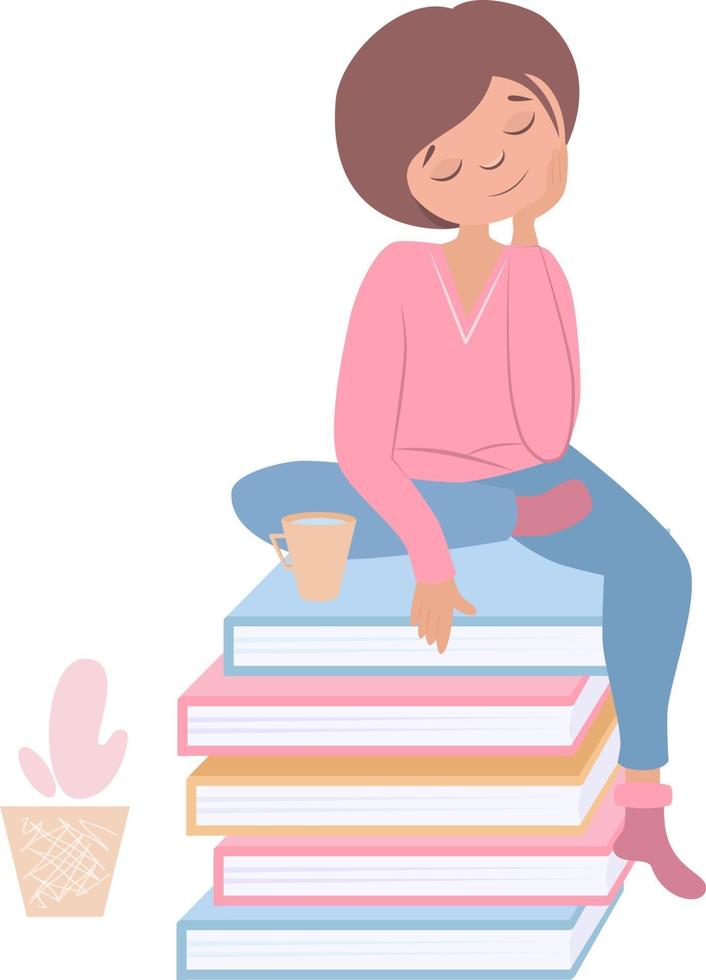 illustrazione vettoriale di una ragazza seduta su una pila di libri
