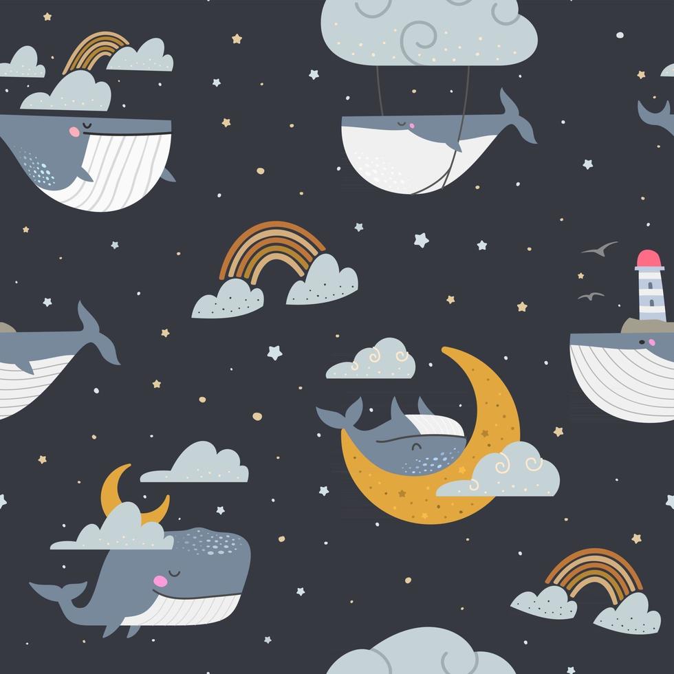 modello senza cuciture di balene che galleggiano nel cielo stellato scuro con nuvole vettore