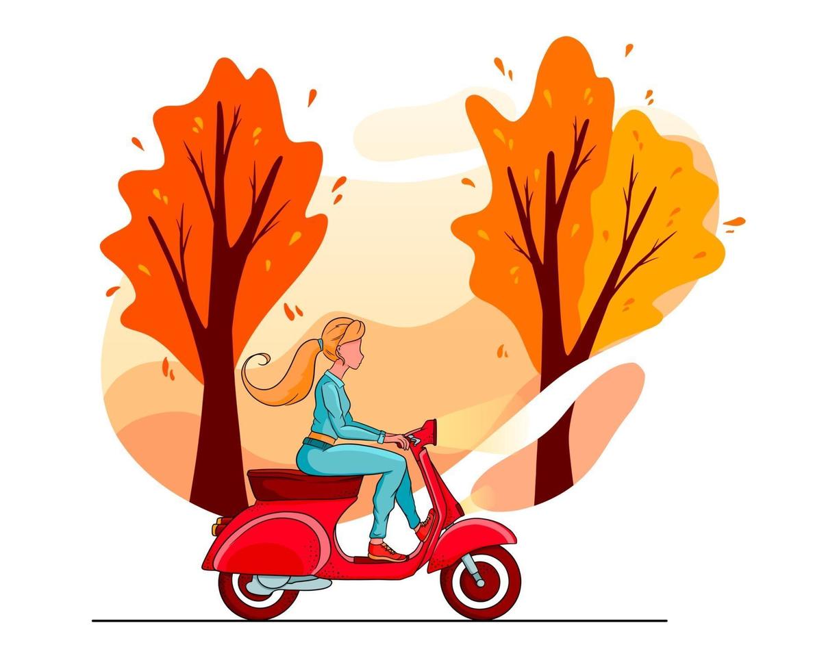 alberi del parco autunnale e una ragazza su uno scooter rosso. stile cartone animato. vettore