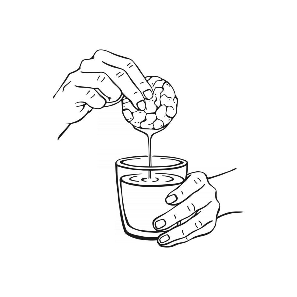 la mano immerge un biscotto in un bicchiere. illustrazione vettoriale disegnata a mano.