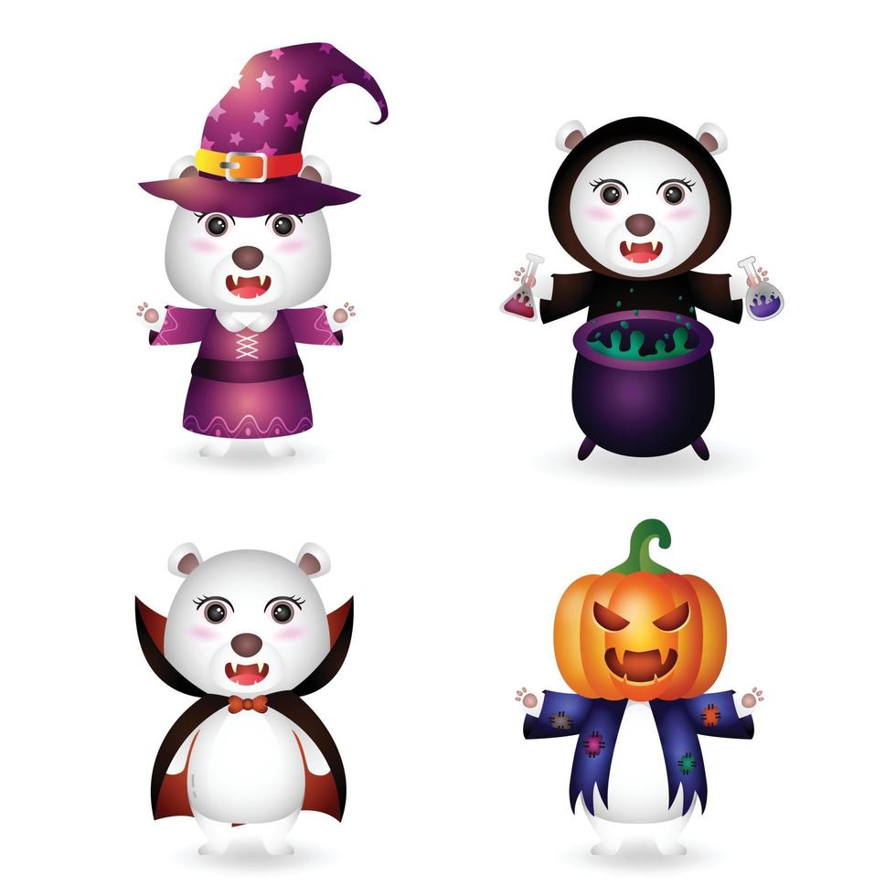 simpatico orso polare con la collezione di personaggi di halloween in costume vettore