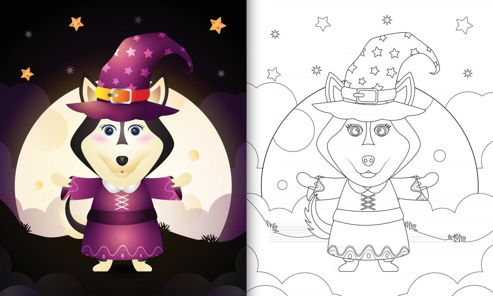 libro da colorare con un simpatico lupo che usa il costume da strega halloween vettore
