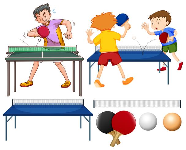 Ping-pong con giocatori e attrezzature vettore