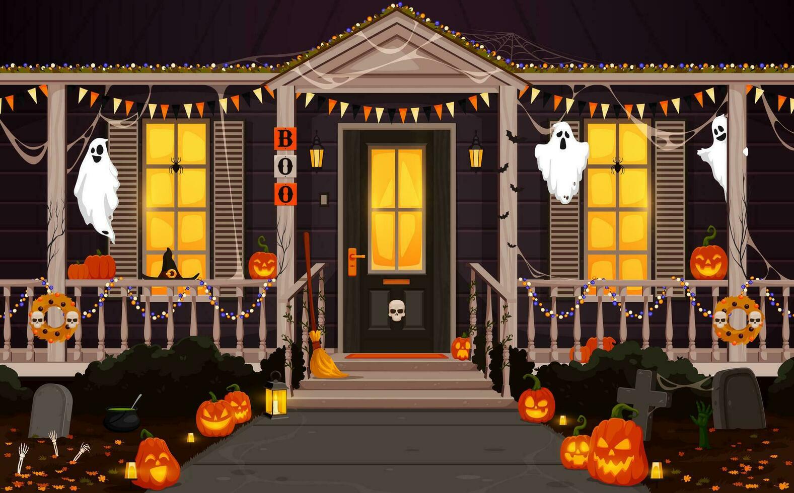 Halloween porta e veranda vettore Villetta davanti cortile