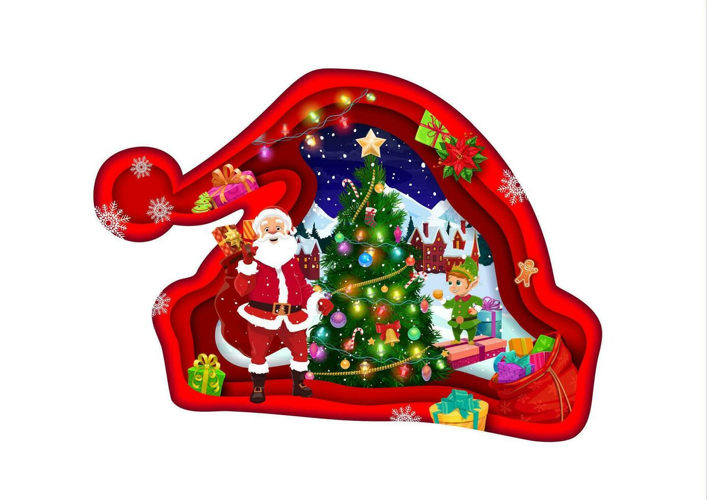 Natale carta tagliare Santa cappello con inverno cittadina vettore