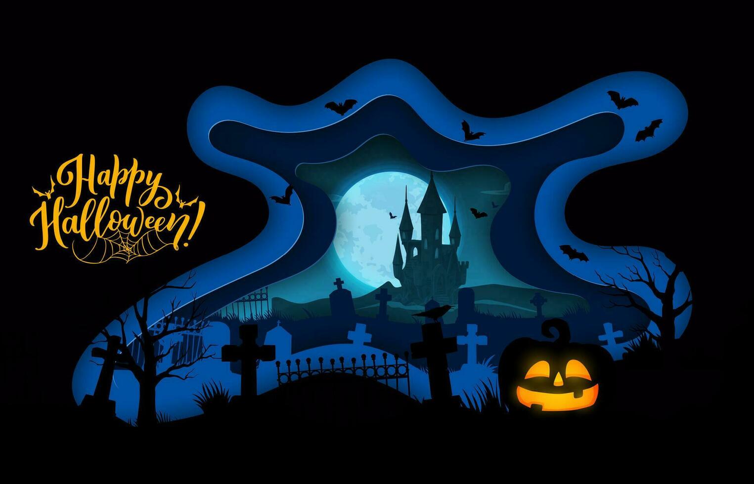 Halloween carta tagliare con buio castello e cimitero vettore