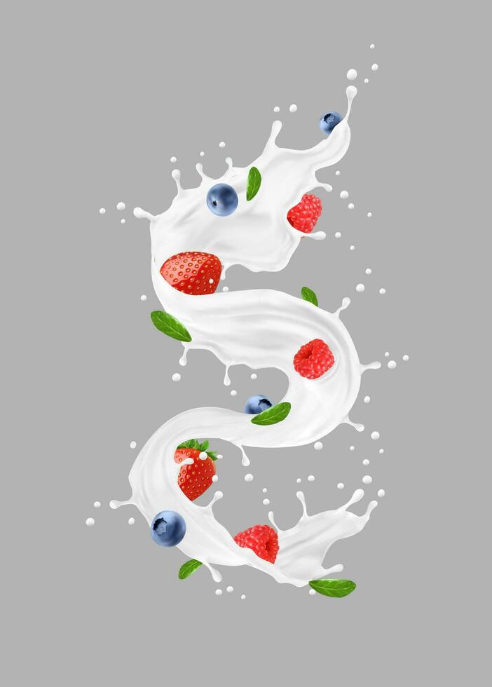 realistico Yogurt o latte turbine spruzzo con frutti di bosco vettore