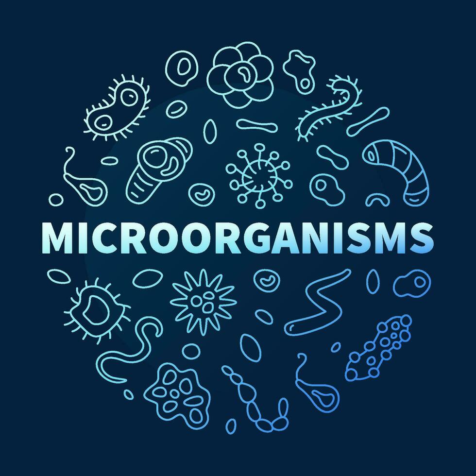 microrganismi vettore microrganismi concetto schema blu il giro bandiera con micro organismi schema segni