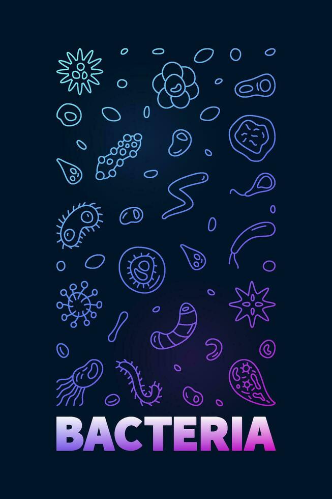 batteri concetto scienza verticale colorato linea bandiera con bacilli simboli - vettore illustrazione