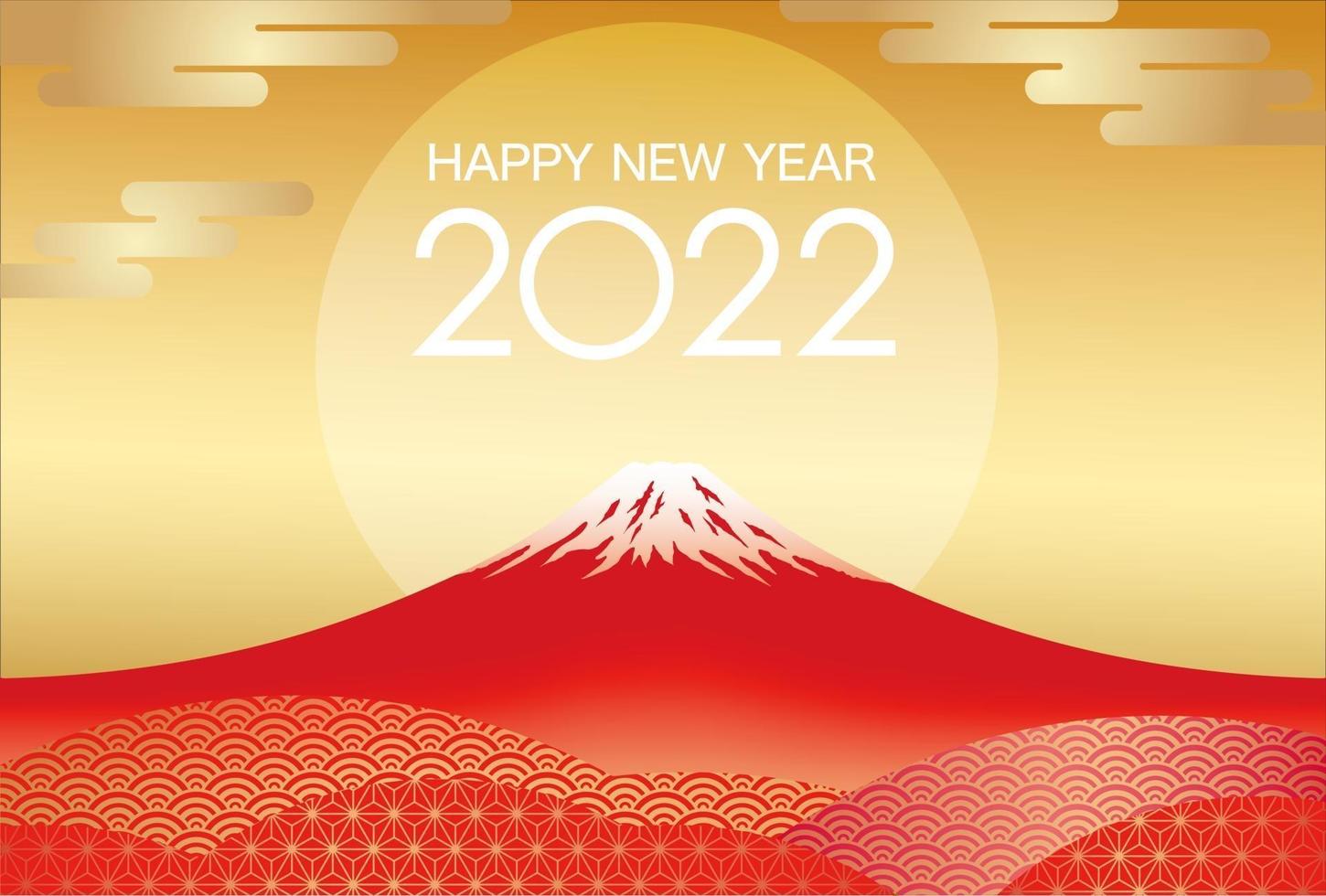 Modello di carta di Capodanno 2022 con mt rosso. fuji e il sole che sorge. vettore