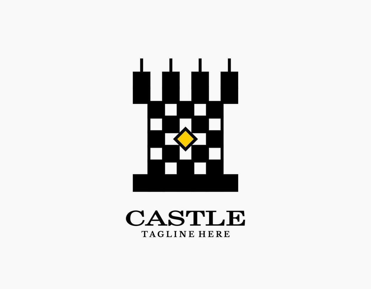 semplice castello logo icona con scacchi modello. palazzo o forte design nel nero e bianca. silhouette Torre con bandiera. adatto per musei, francobolli, cartoline. vettore