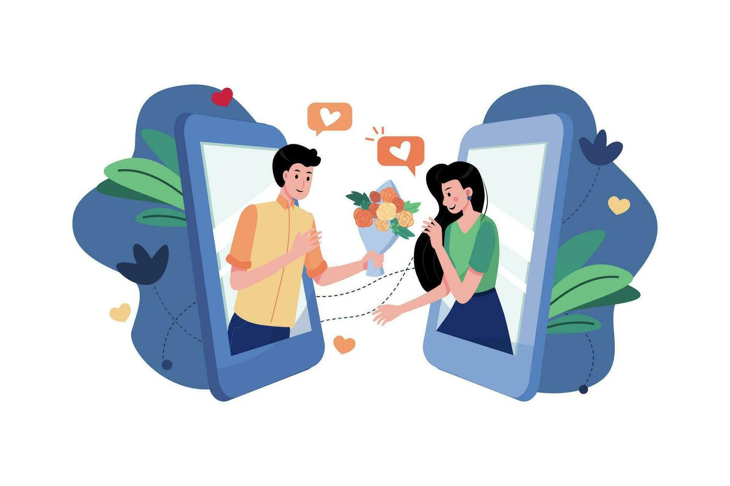 ragazzo che regala fiori alla fidanzata tramite un'app di appuntamenti online vettore