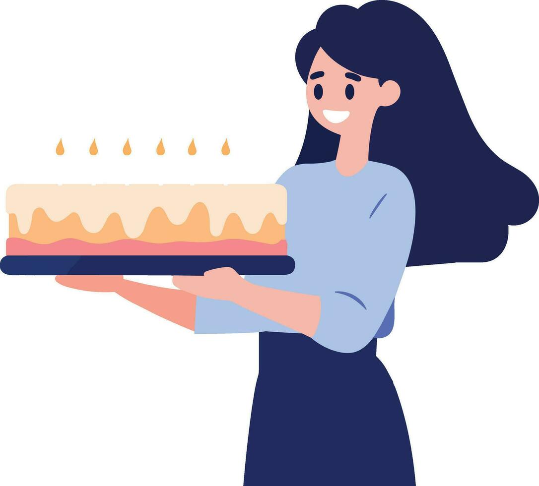 mano disegnato femmina personaggio con compleanno torta nel piatto stile vettore