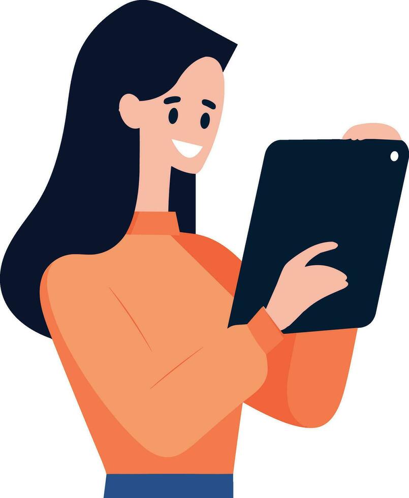 mano disegnato femmina personaggio Tenere un' tavoletta o smartphone nel piatto stile vettore